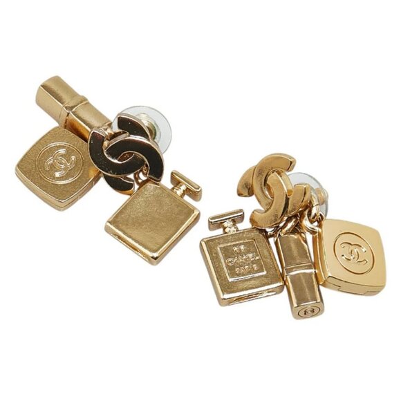 CHANEL Jewelry - CHANEL CC Logos Cosmetics Bottle Charm Stud Earrings Gold Tone 02P Auth w/Box